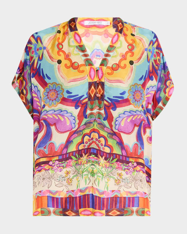 Cillia Geometric Floral-Print Silk Blous
